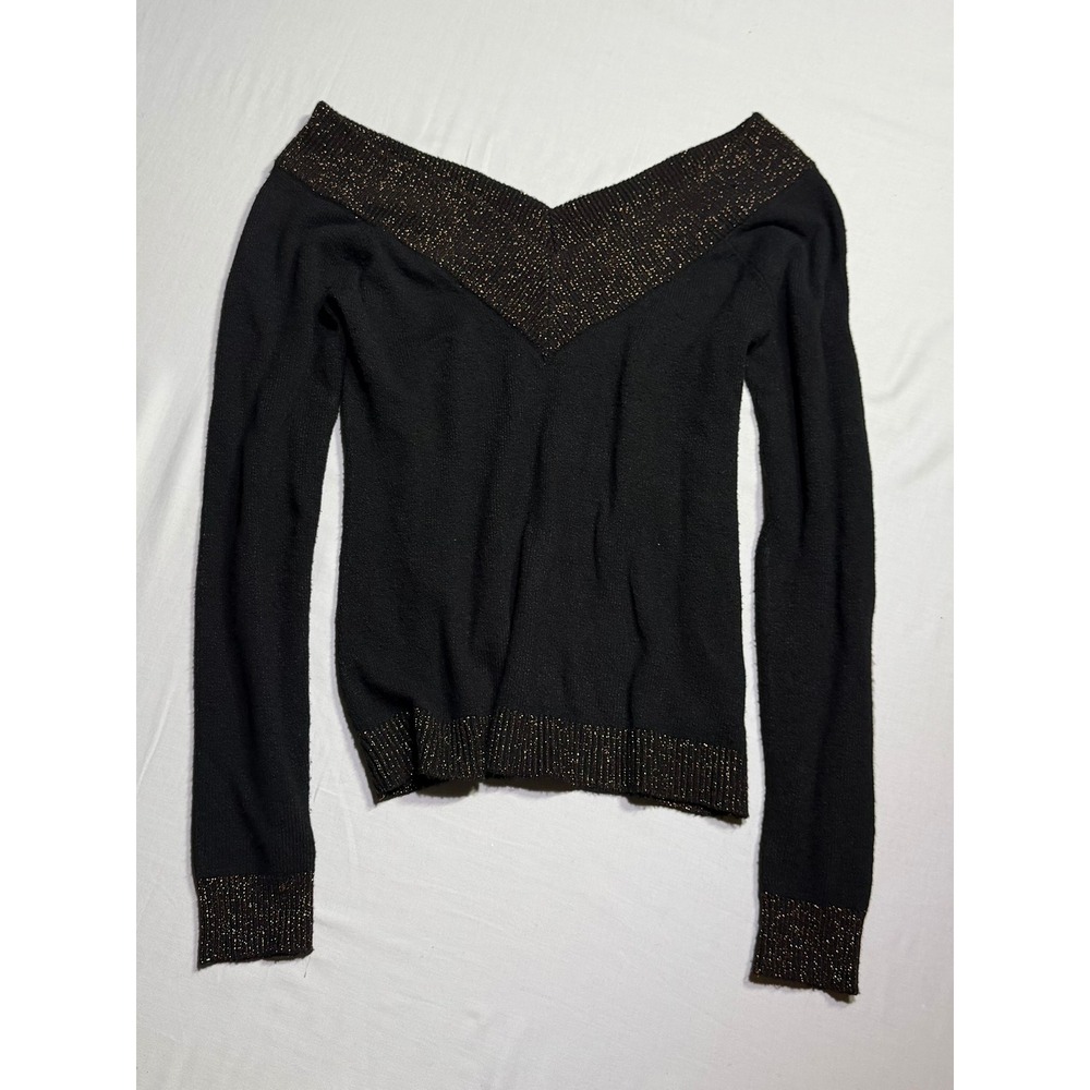 Y2K Black Glam Off The Shoulder Knit Sweater Metallic Trim V-Neck Office Siren